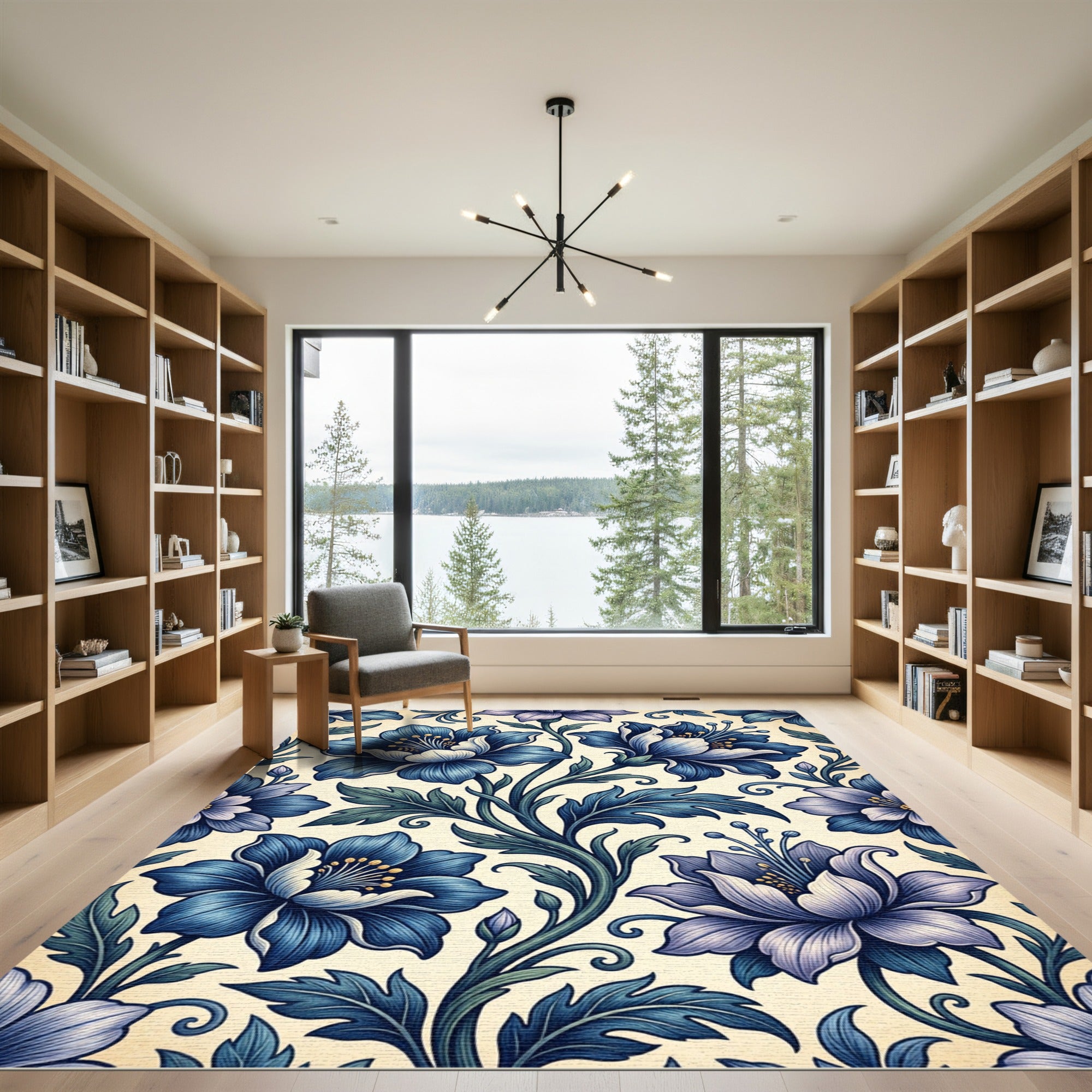 Elegant Indigo Floral Scroll Botanical Rug