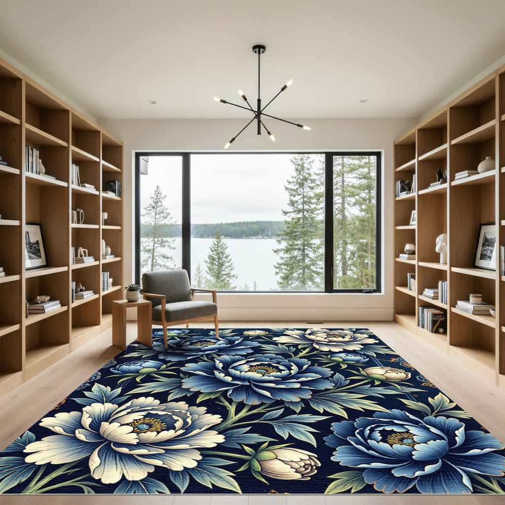 Elegant Indigo Peony Botanical Arrangement Rug
