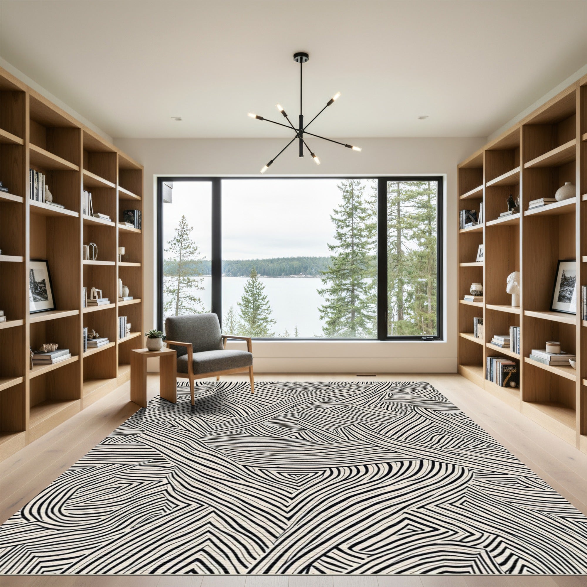 Abstract Black White Interlocking Lines Rug