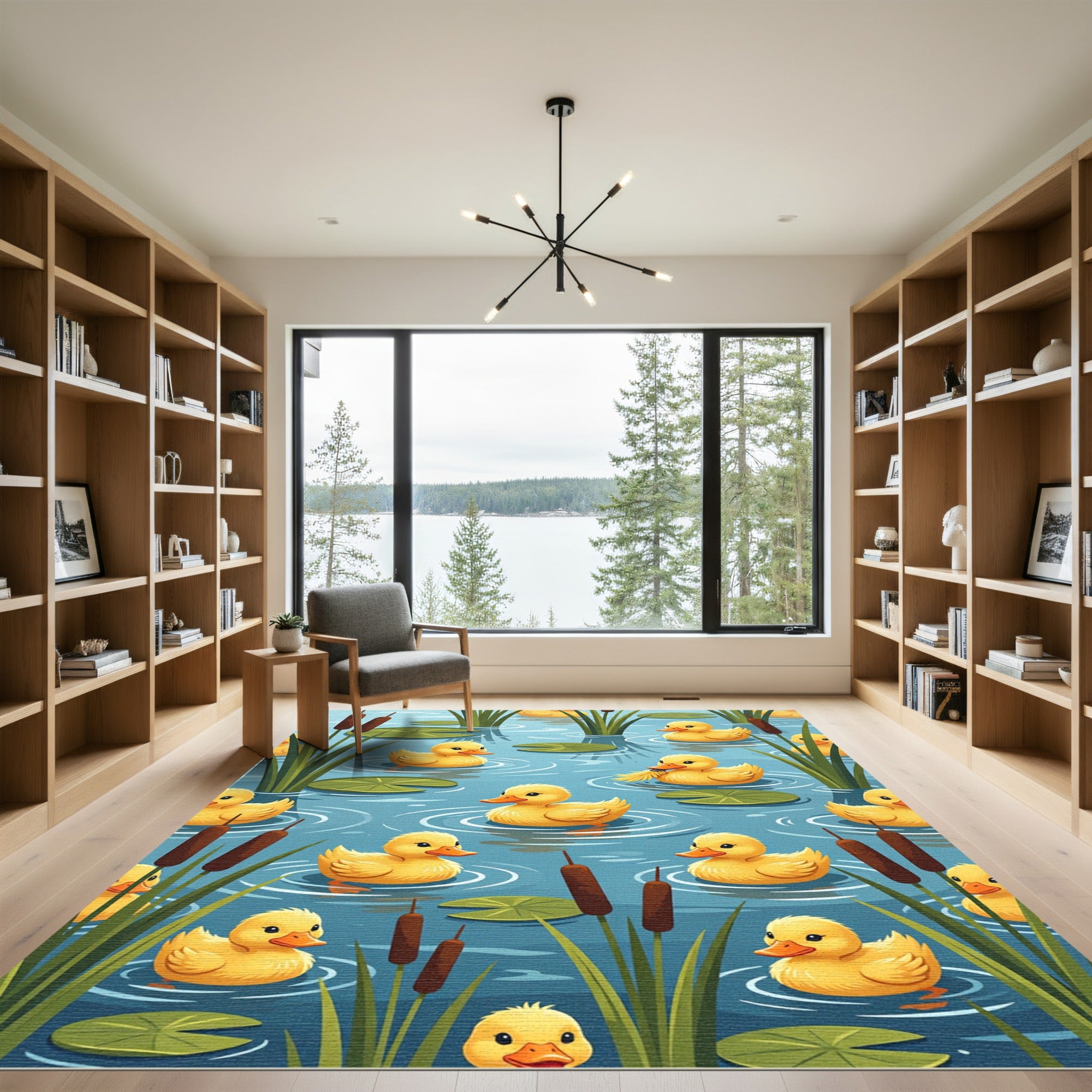 Playful Yellow Ducklings in Blue Pond Rug