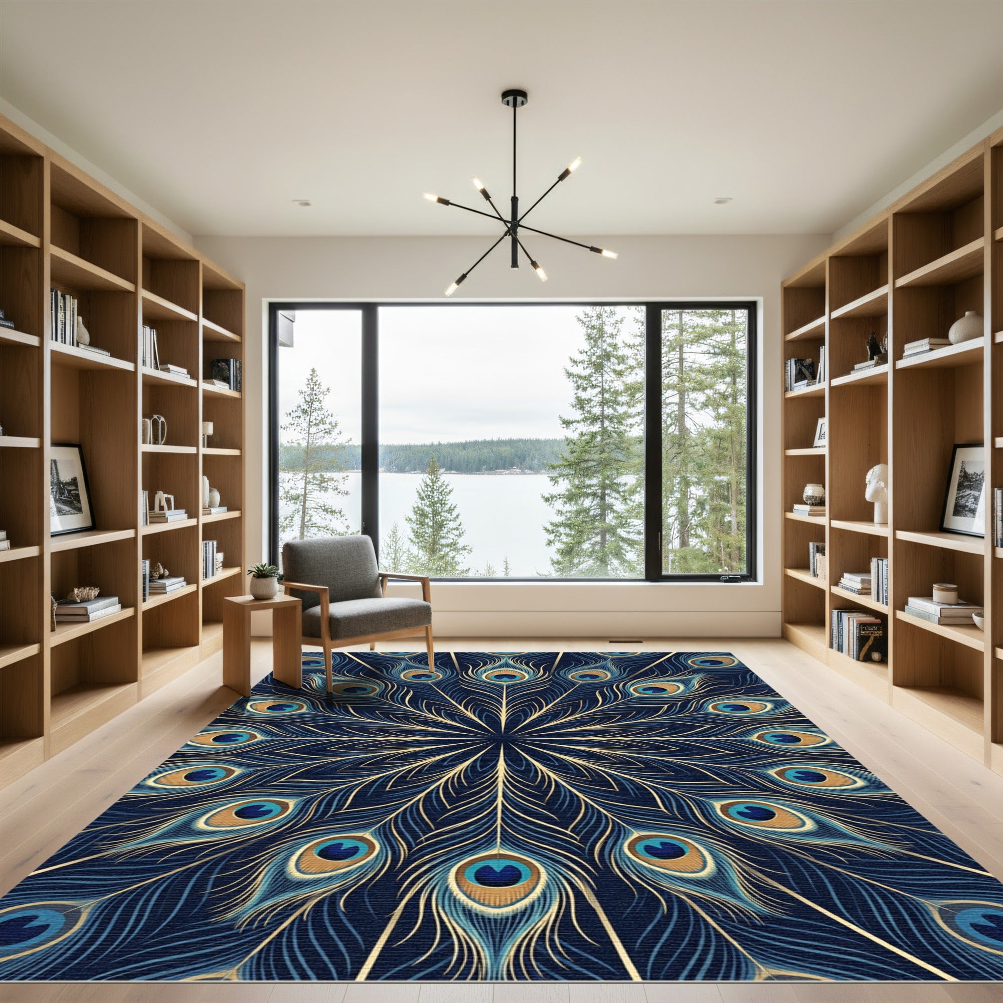 Peacock Feather Circular Navy Gold Art Rug