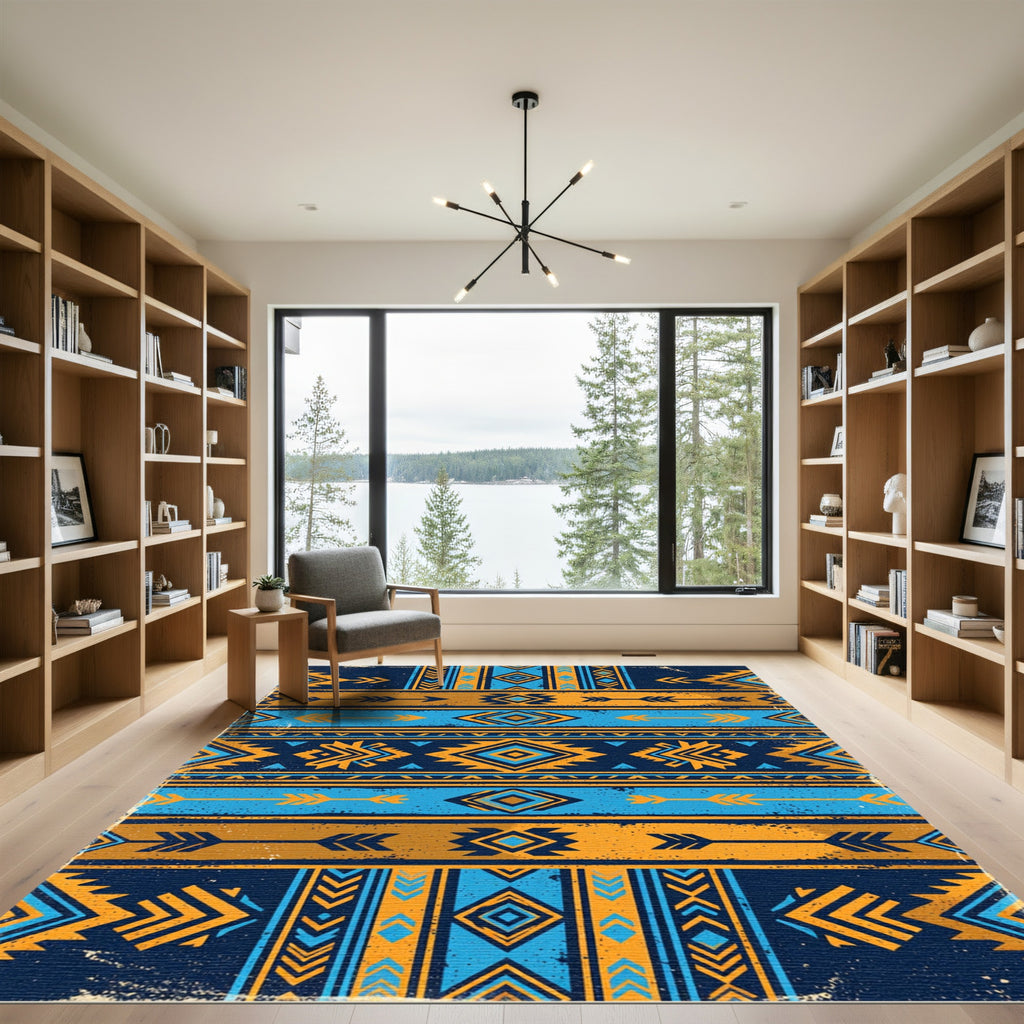 Vibrant Navy Blue Golden Geometric Arrow Rug