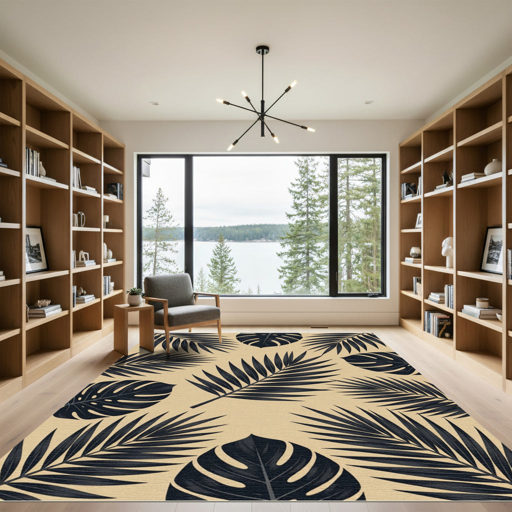 Dark Tropical Leaf Beige Botanical Rug
