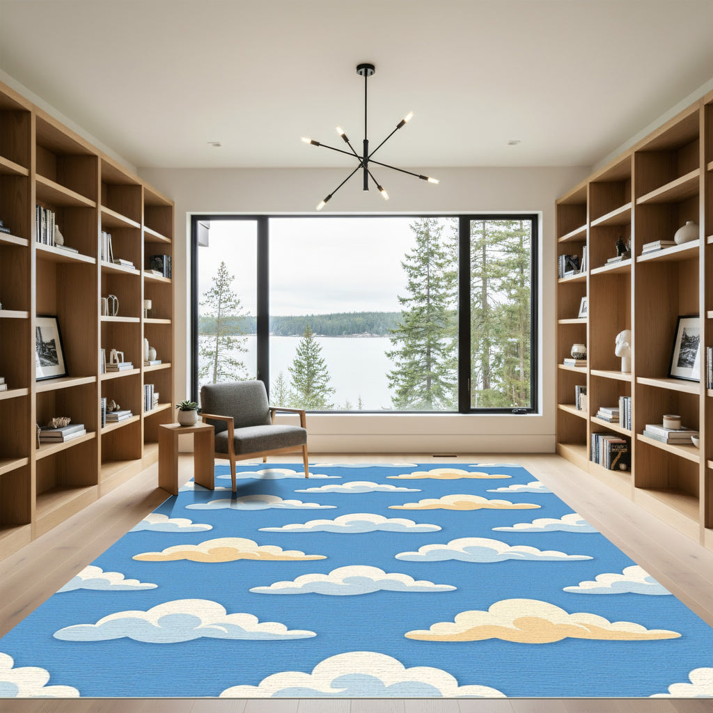 Whimsical Blue and Golden Cloud Sky Rug