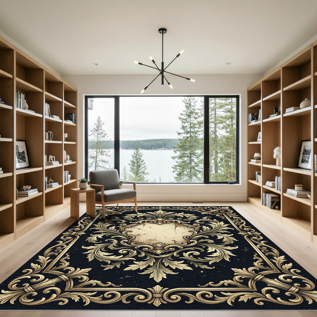 Ornate Gold Filigree Scroll Dark Frame Rug