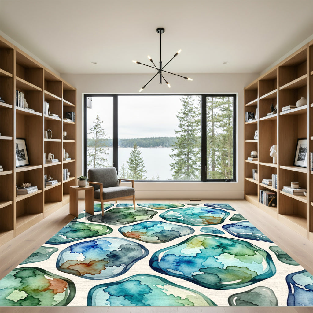 Watercolor Teal Coastal Pebble Abstract Rug