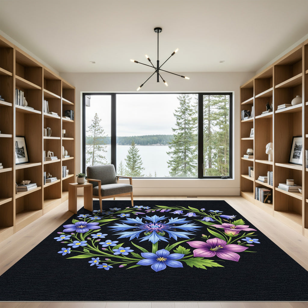 Vibrant Blue Cornflower Floral Wreath Rug