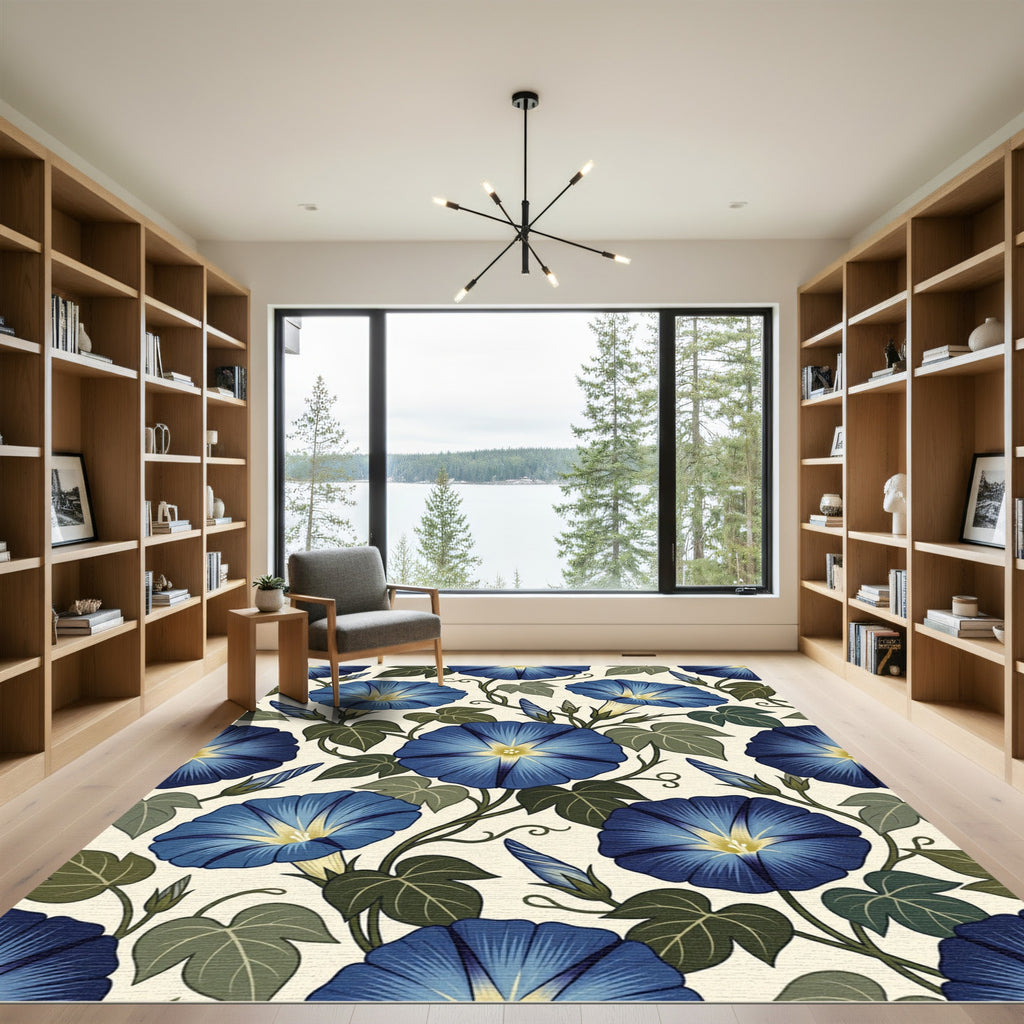 Deep Blue Morning Glory Botanical Vines Rug