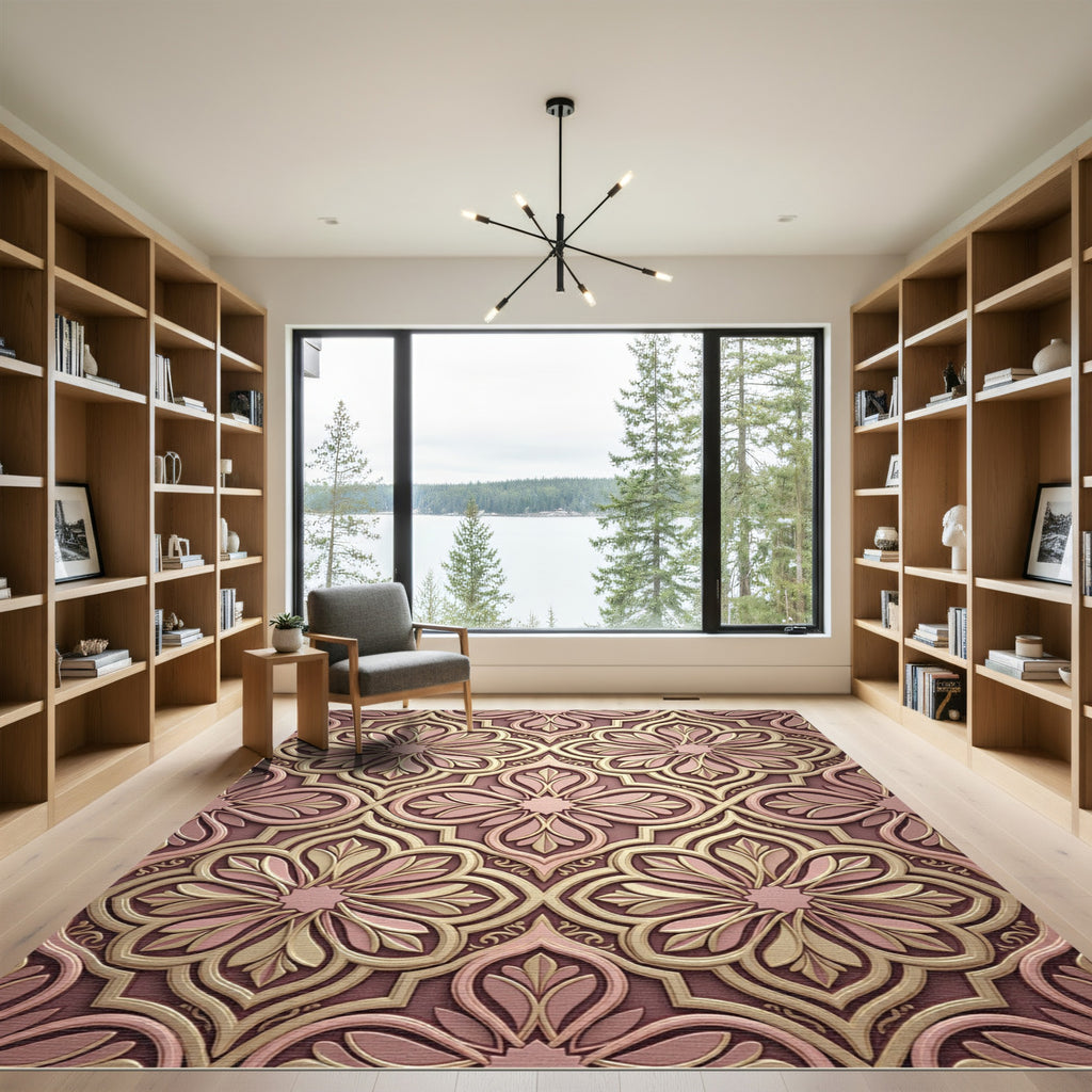 Elegant Pink Gold Floral Arabesque Rug