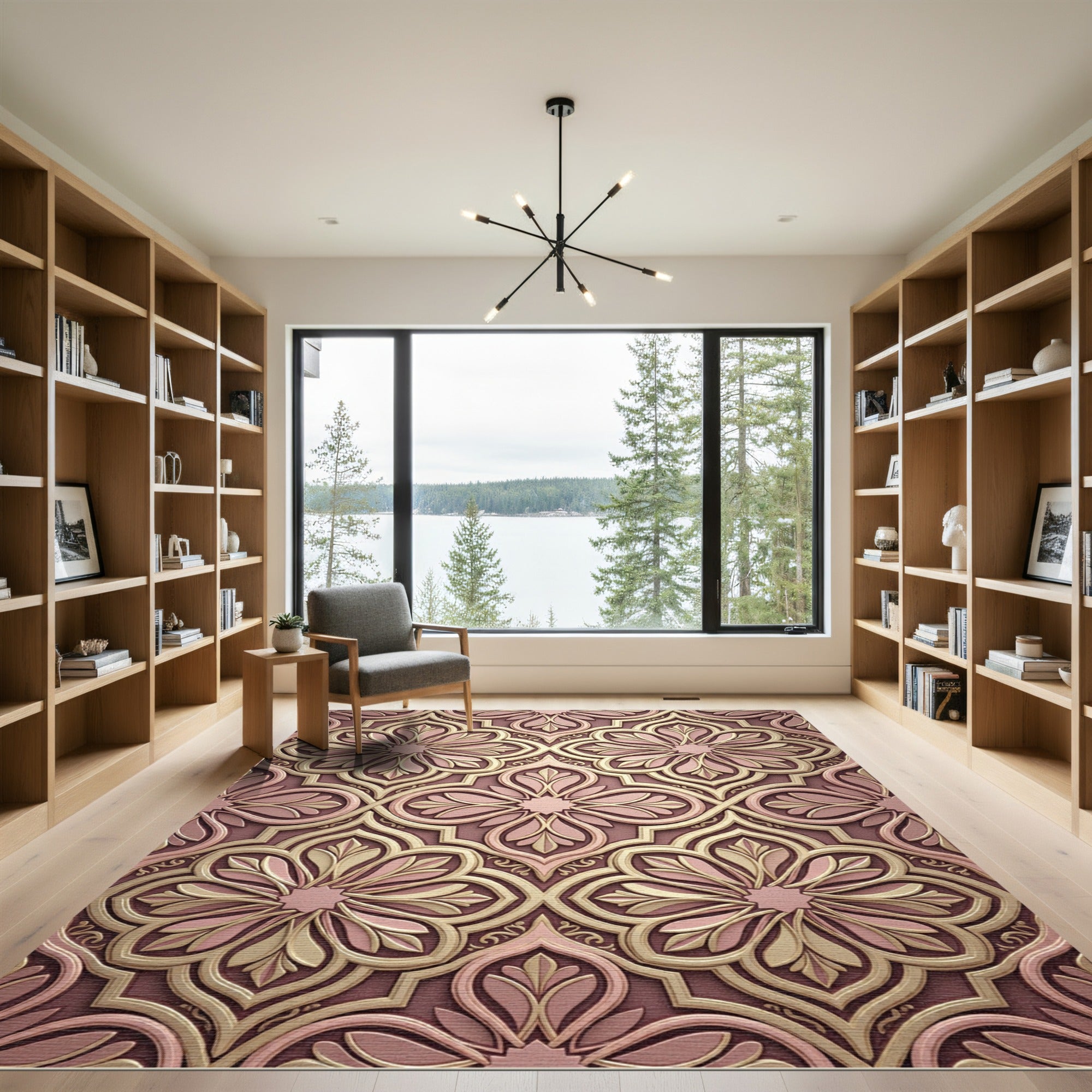 Elegant Pink Gold Floral Arabesque Rug