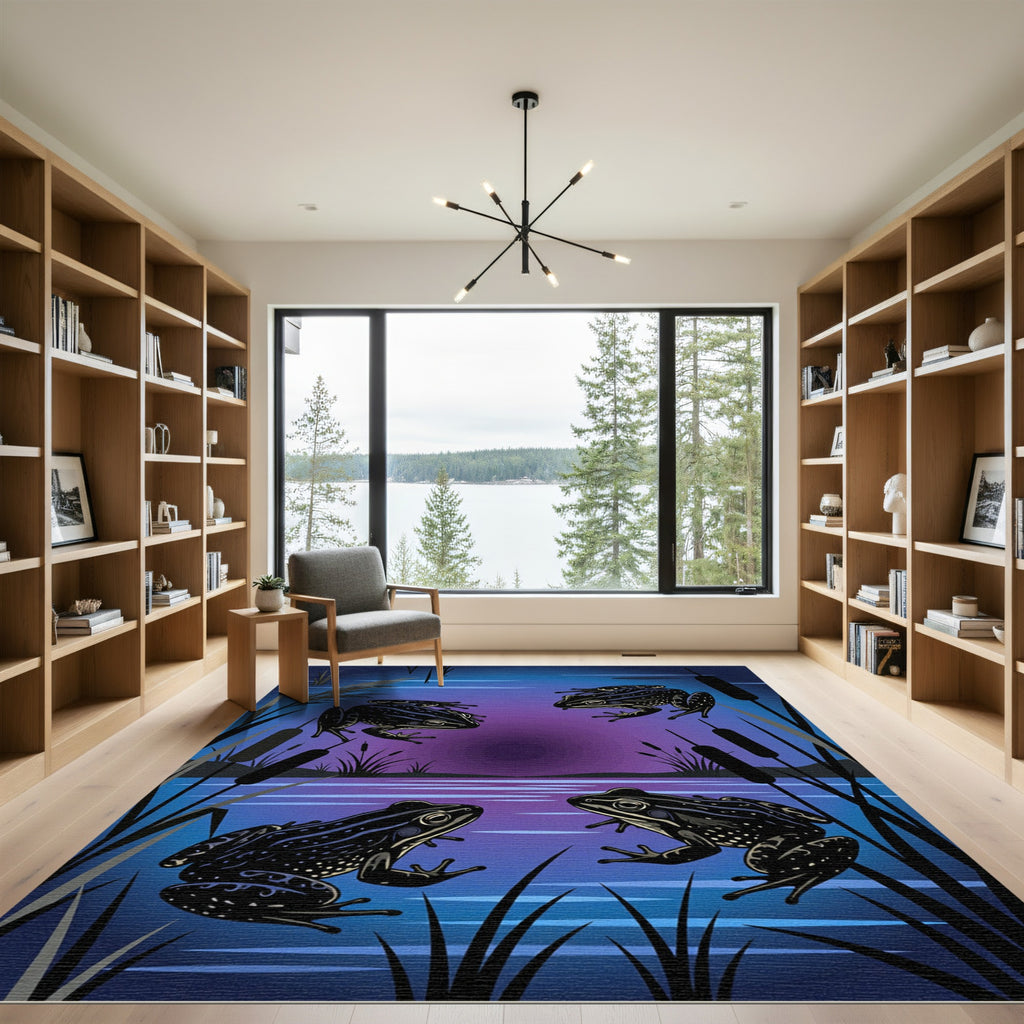 Nocturnal Frog Pond Midnight Blue Illustration Rug