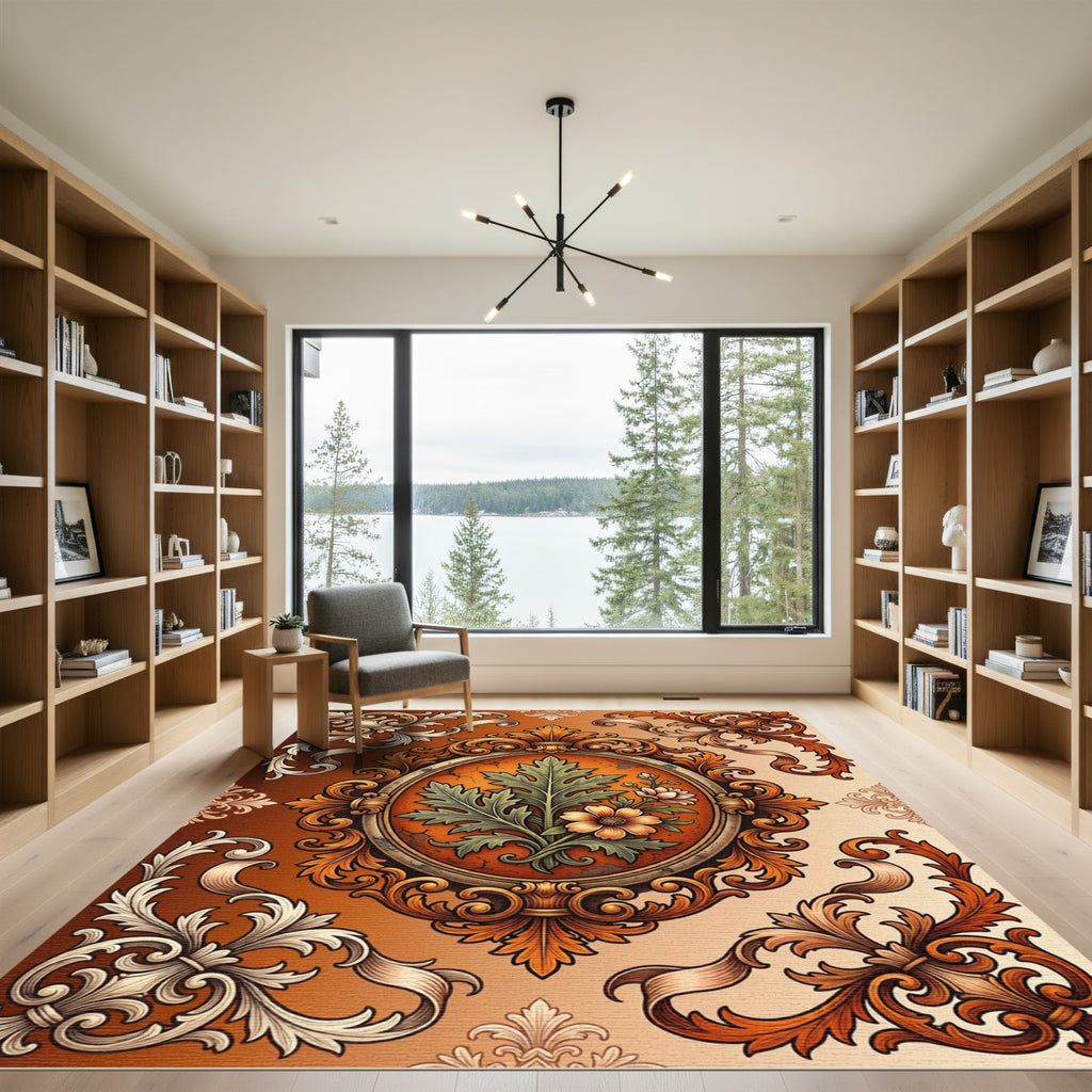 Ornate Burnt Orange Floral Filigree Rug