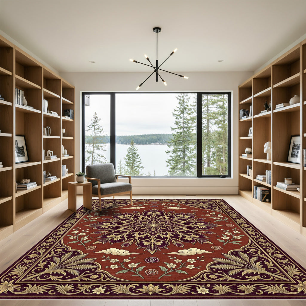 Ornate Deep Red Floral Medallion Rug