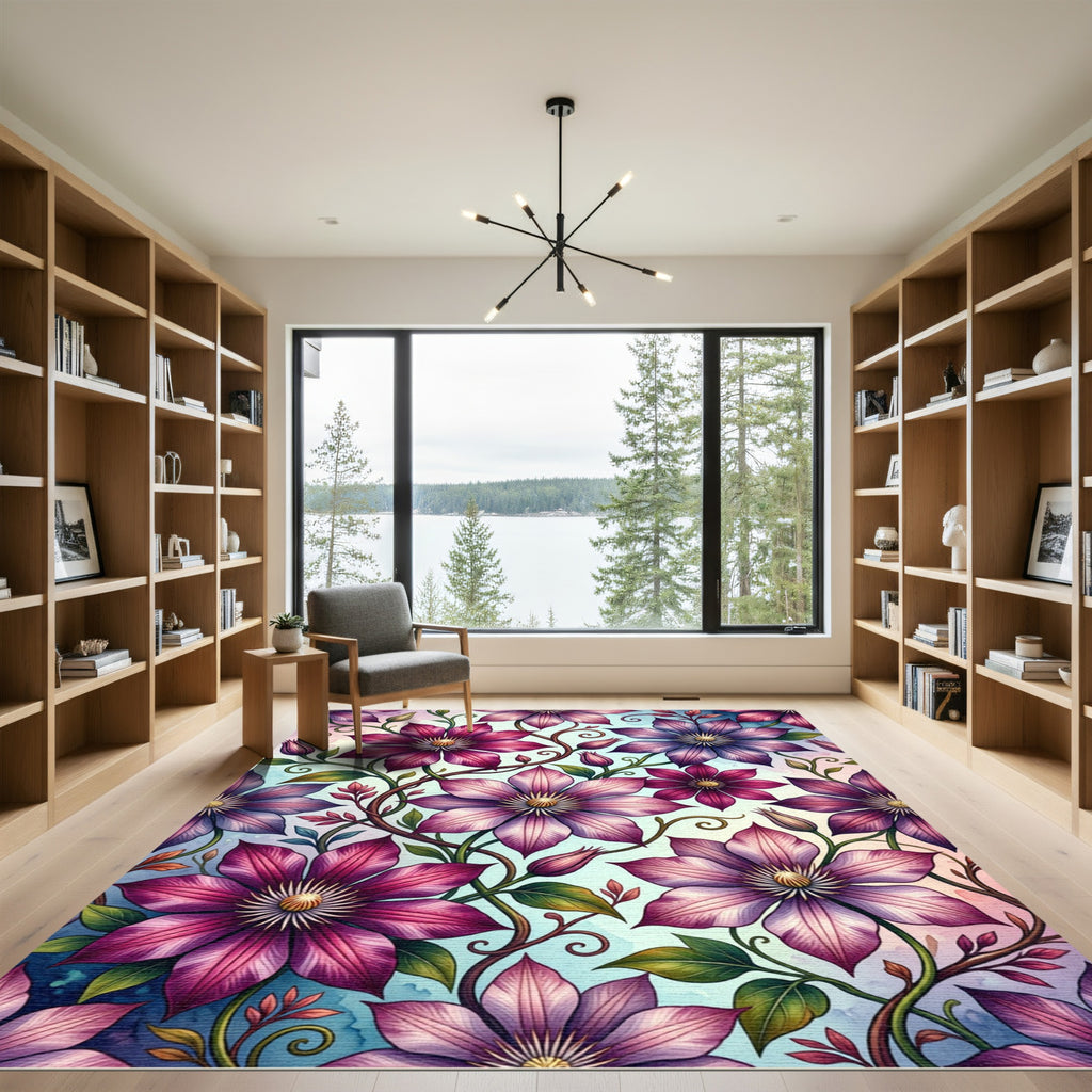 Elegant Purple Clematis Botanical Floral Rug