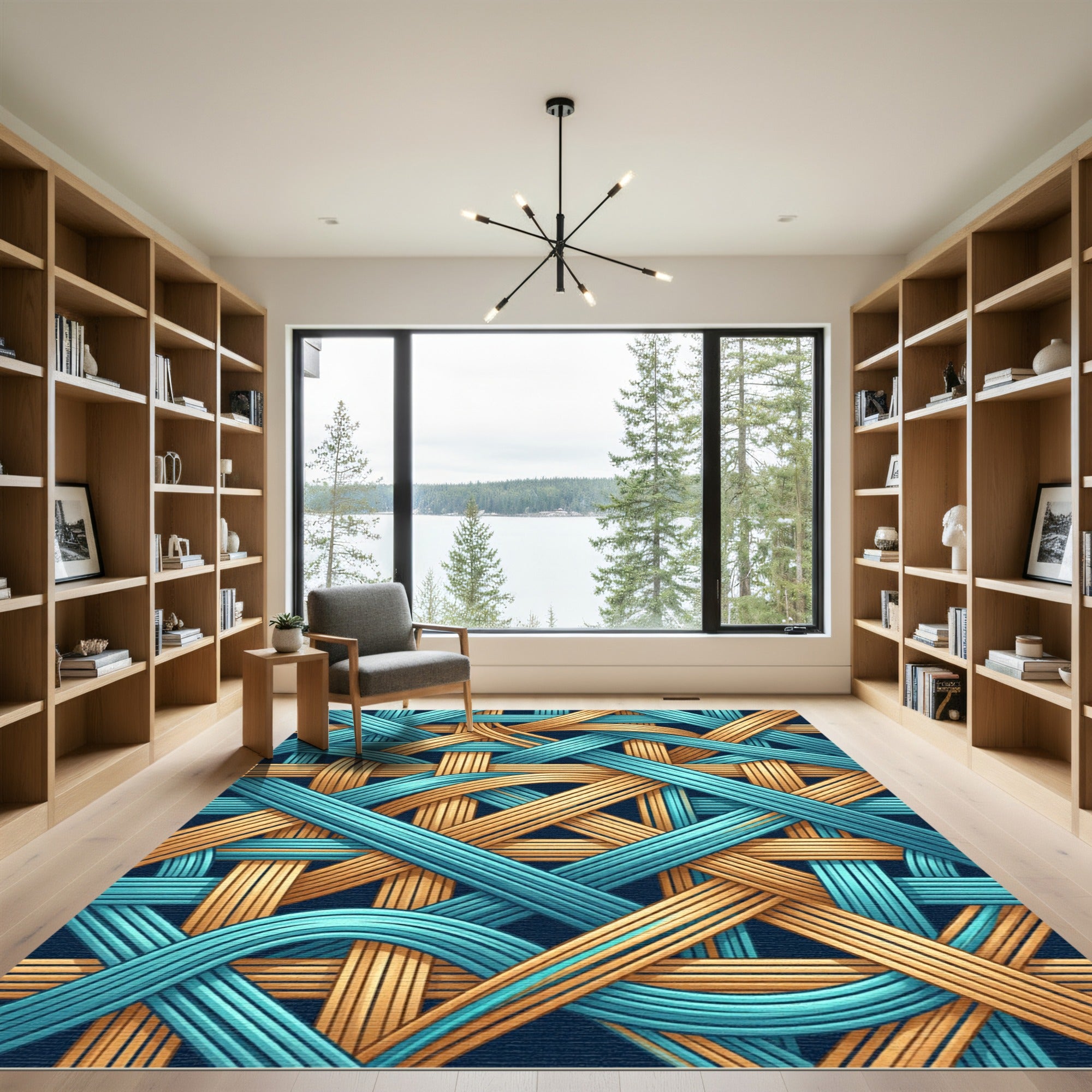 Interwoven Teal and Golden Abstract Weave Rug