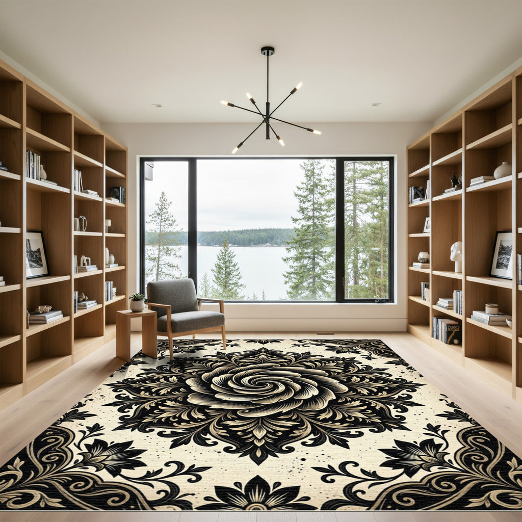 Dark Monochrome Floral Swirl Medallion Rug
