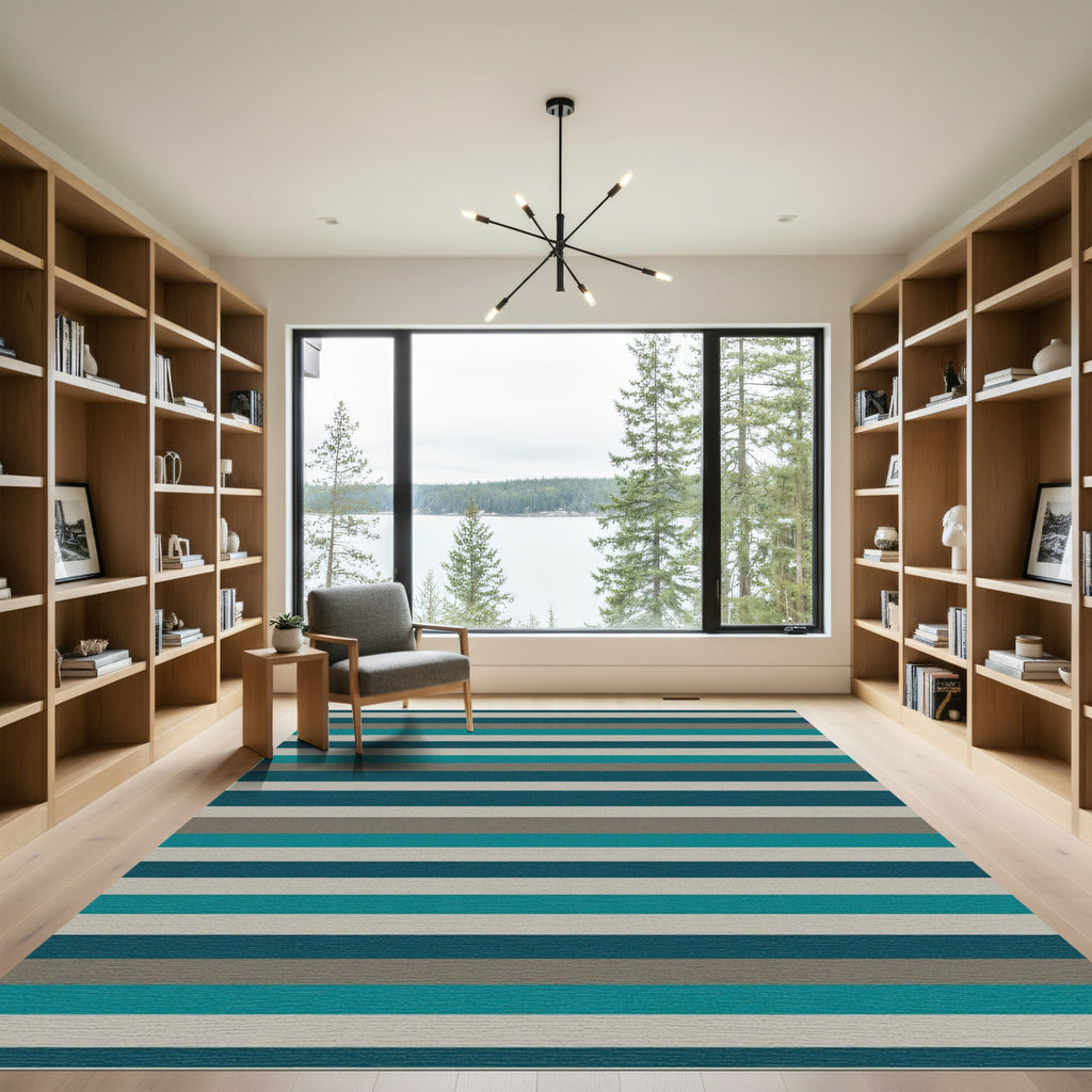 Coastal Teal Gray White Stripe Arrangement Rug