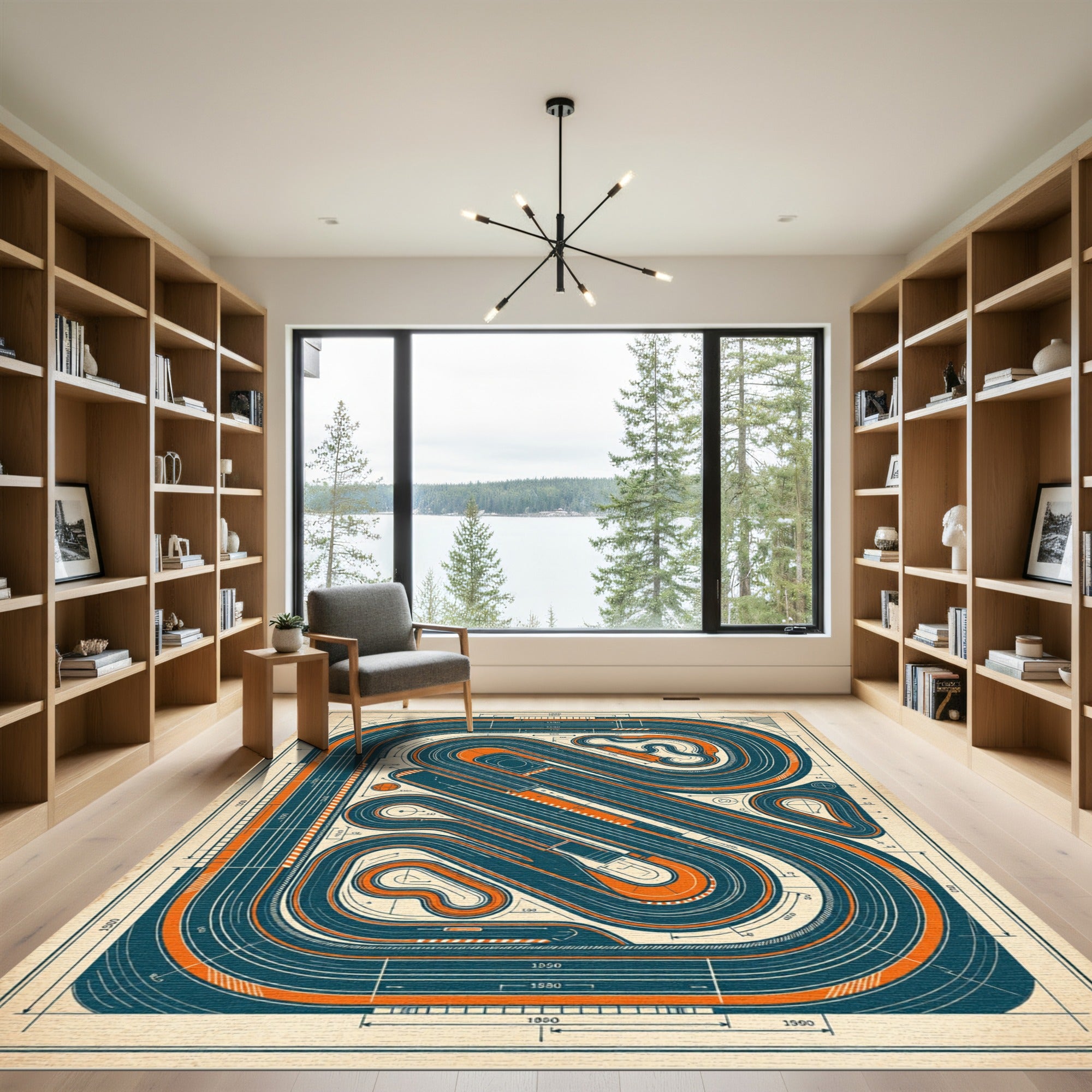 Vintage Blue and Orange Raceway Schematic Rug