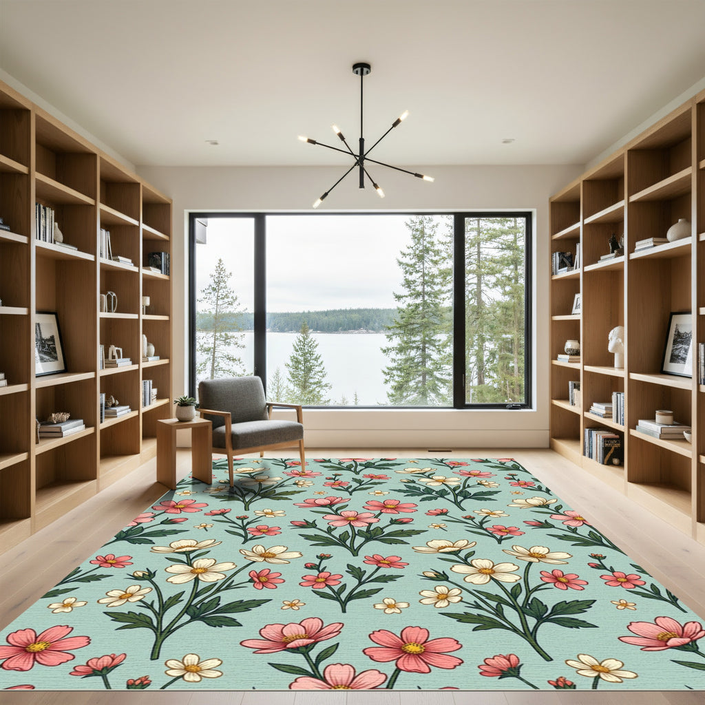 Whimsical Pink White Floral Garden Rug