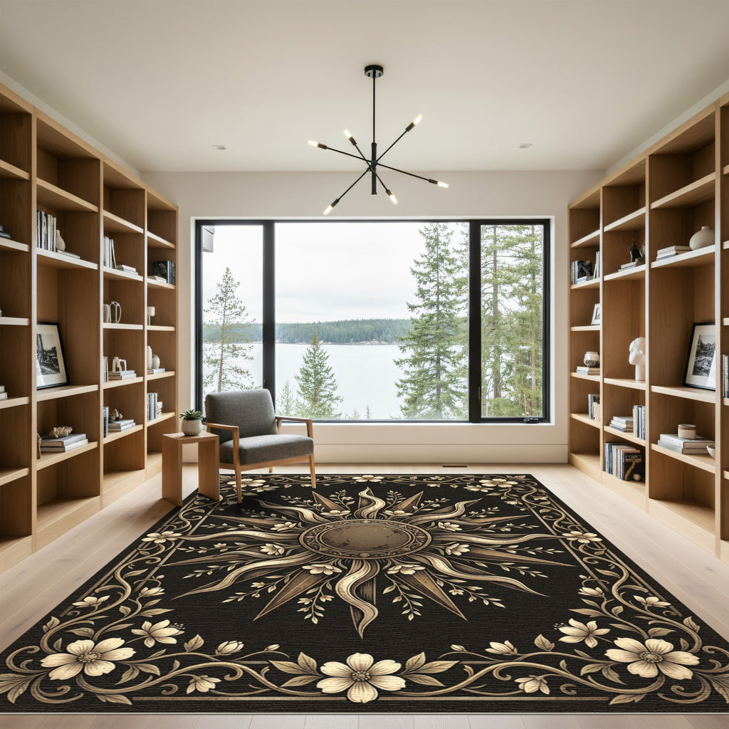 Ornate Gold Celestial Sun Floral Rug