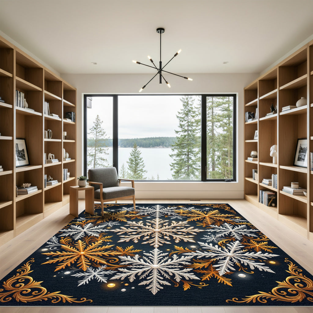Elegant Gold and White Winter Snowflake Rug