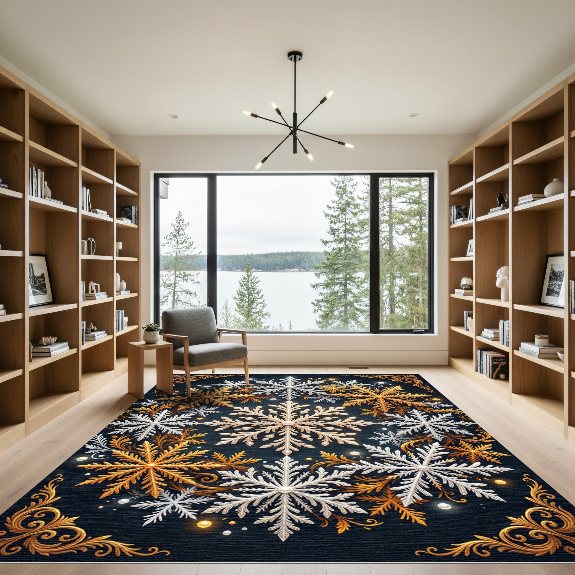 Elegant Gold and White Winter Snowflake Rug