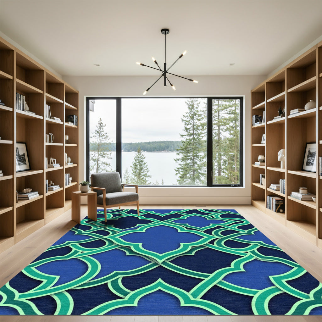 Geometric Teal Blue Quatrefoil Lattice Rug