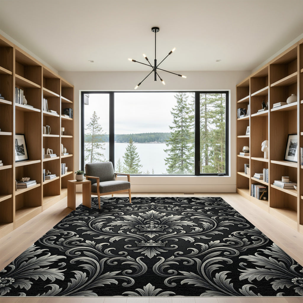 Ornate Black Silver Crown Damask Rug