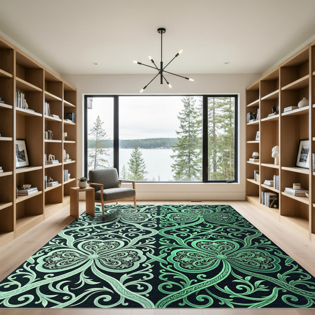Intricate Emerald Clover Scrollwork Rug