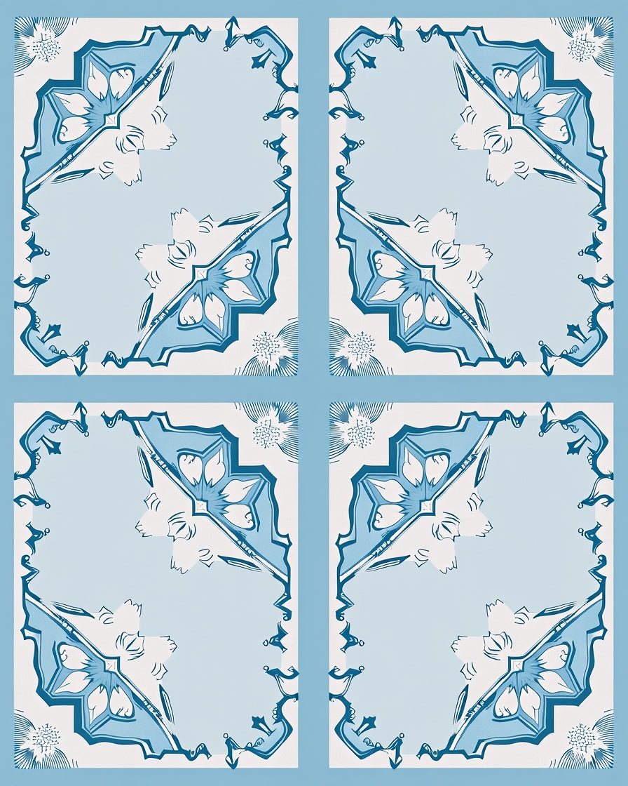 Art Deco Blue Floral Tile Pattern Rug