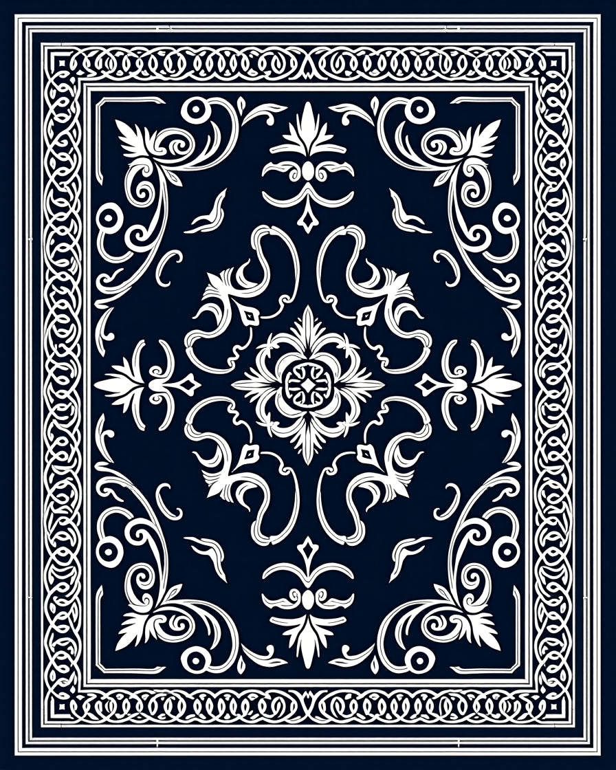 Intricate Floral Scrollwork Dark Blue Rug