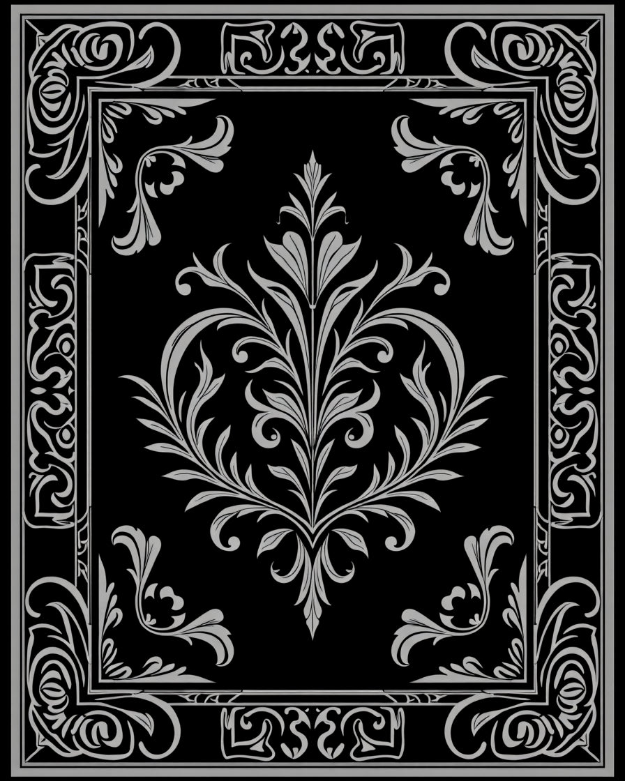 Ornate Black White Floral Damask Rug