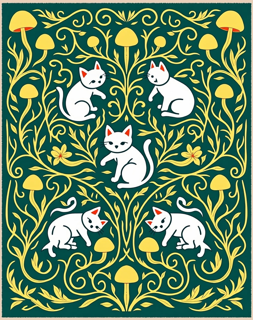 Whimsical Cats And Mushrooms Folklore Rug