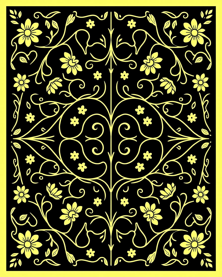 Intricate Floral Vine Yellow Black Pattern Rug