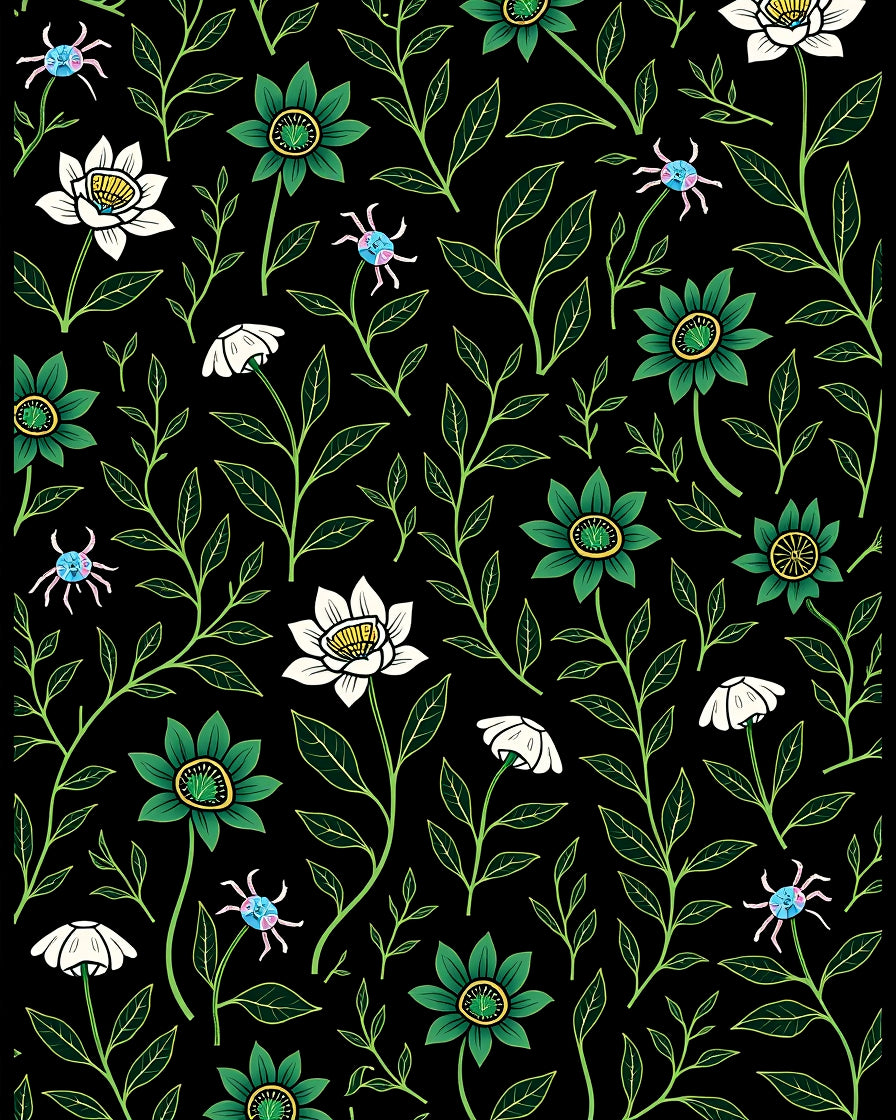 Emerald Bloom and White Flower Garden Rug