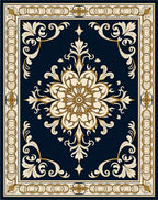 Deep Blue Gold Floral Medallion Design Rug