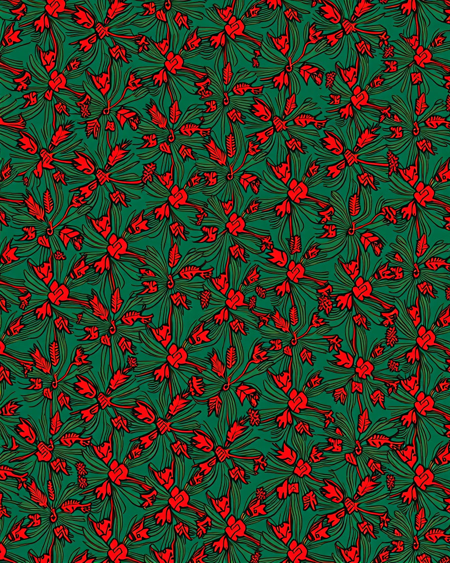 Red Floral Pattern On Green Background Rug