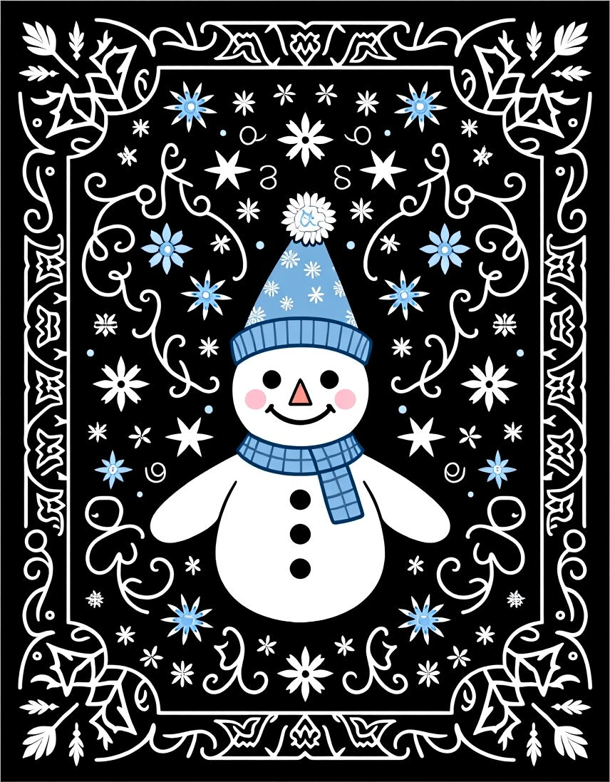 Winter Blue Snowman Black Snowflake Rug