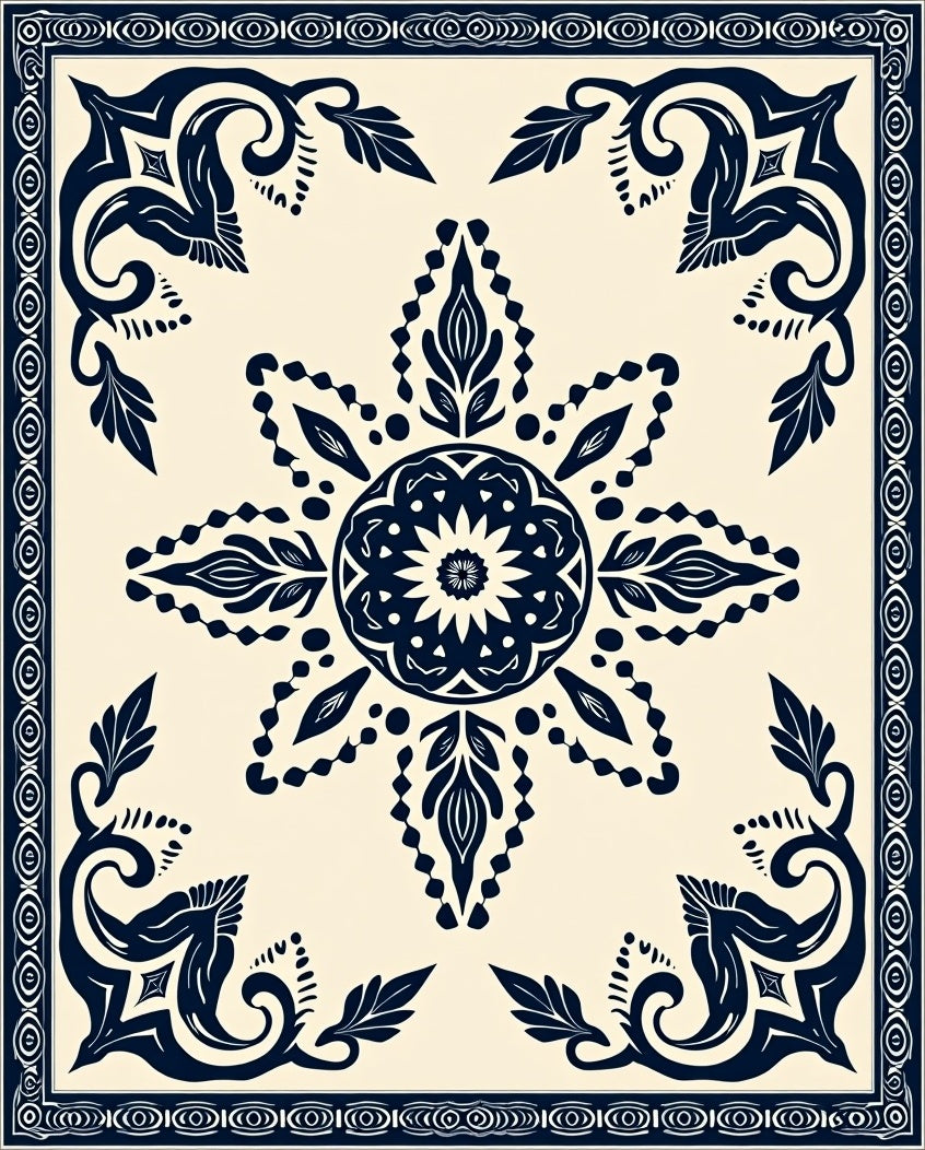 Dark Blue Floral And Leaf Pattern Rug