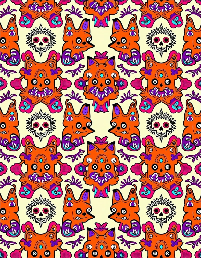 Vibrant Orange Skull Fox Pattern Rug