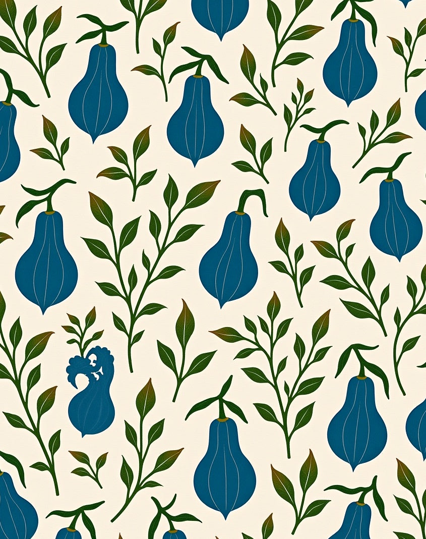 Blue Pear Delicate Leaf Pattern Rug