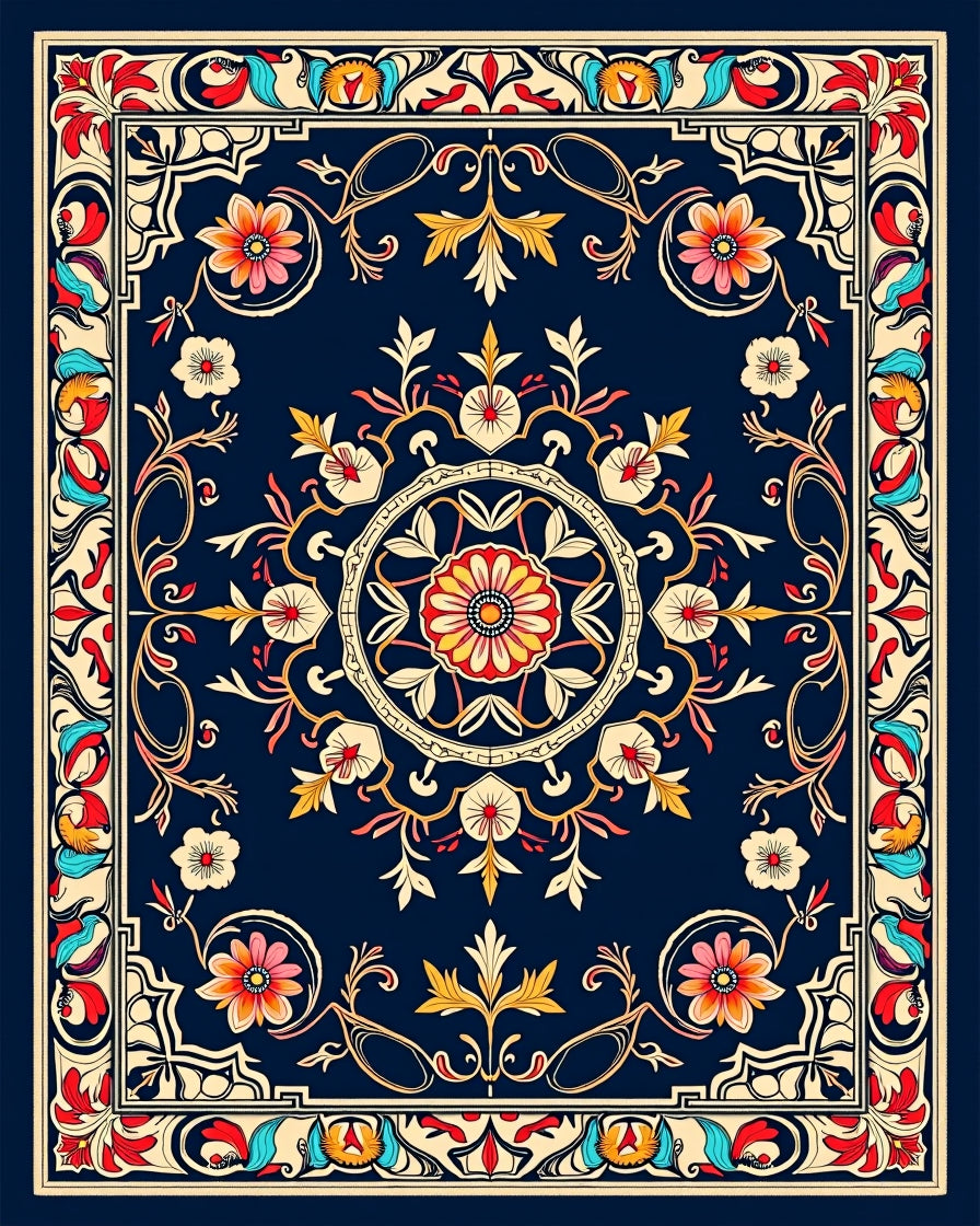 Vintage Floral Medallion Border Design Rug