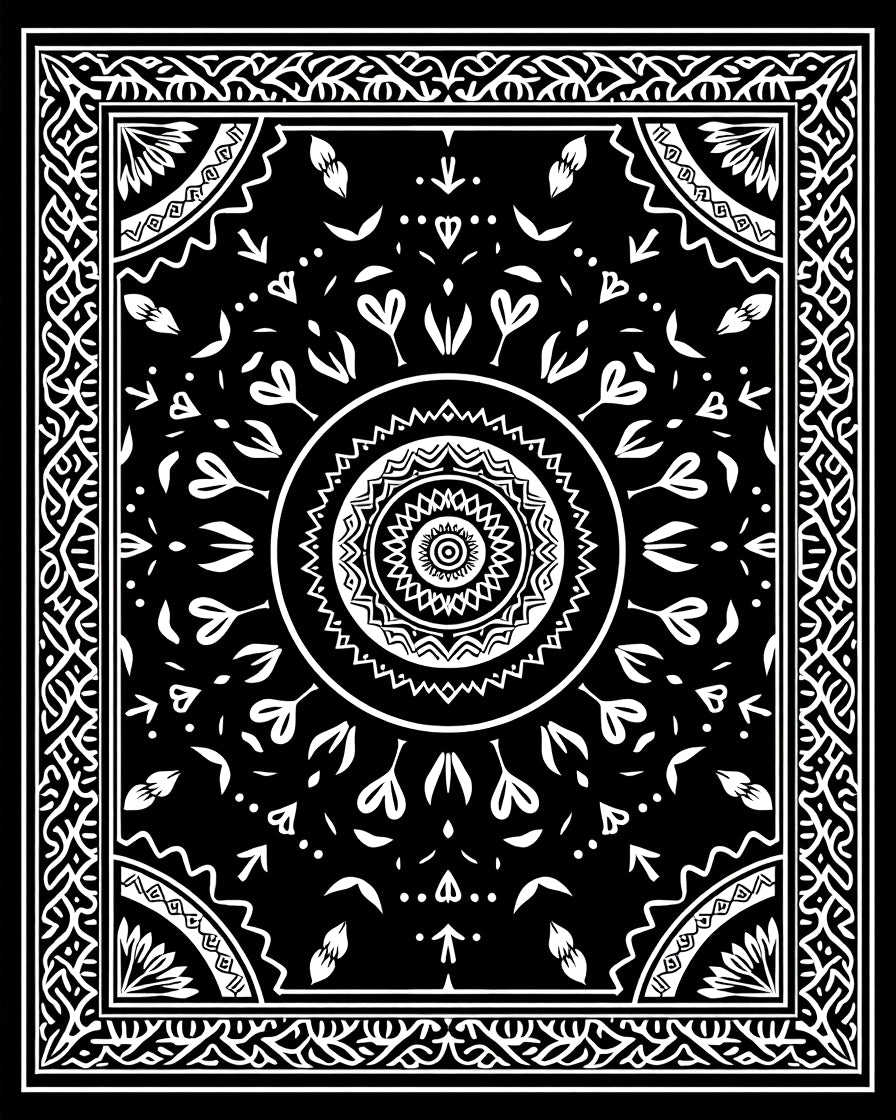 Black White Intricate Mandala Folk Rug