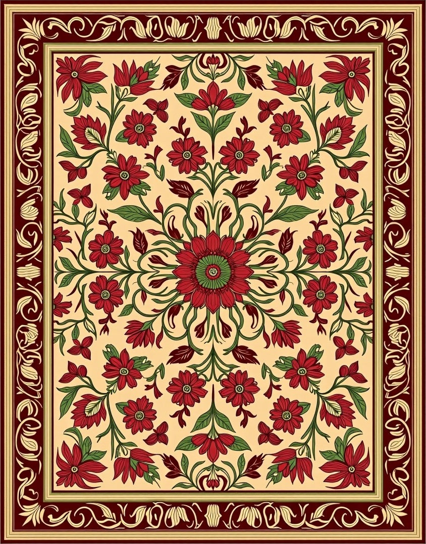 Red Floral Cream Burgundy Border Design Rug