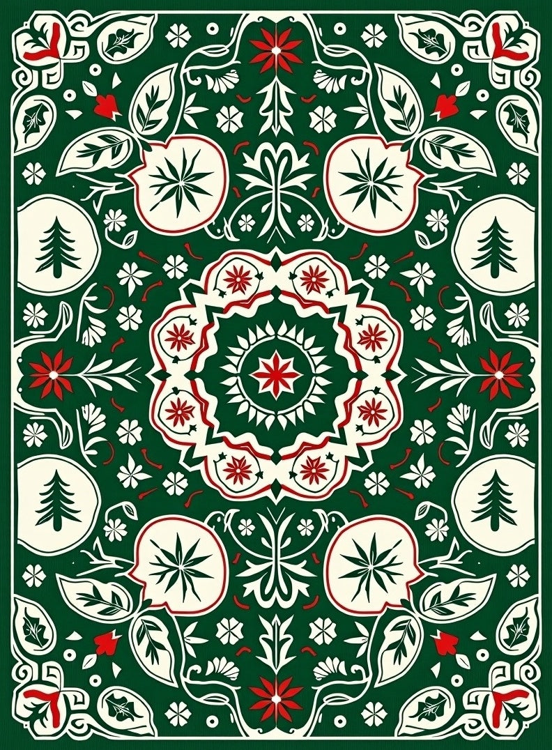 Forest Green Red Floral Medallion Rug