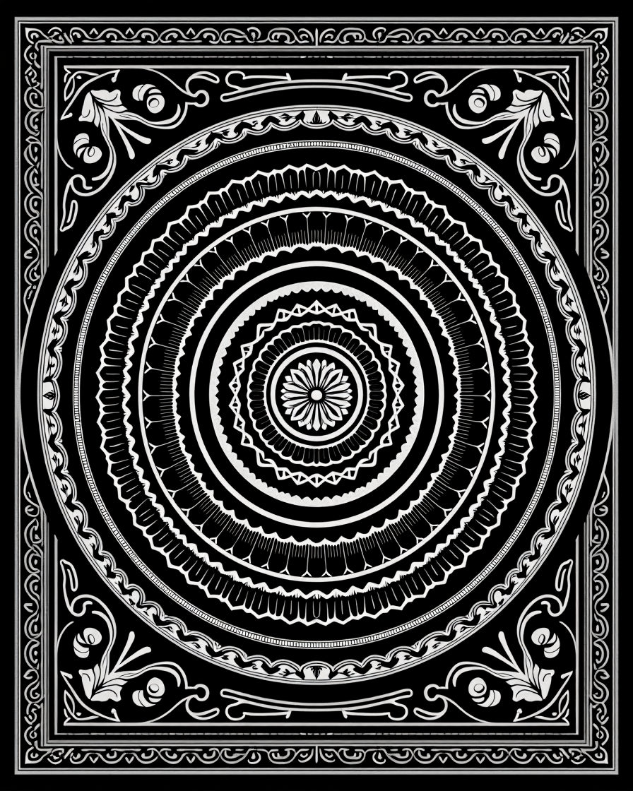 Monochromatic Circular Floral Mandala Art Rug