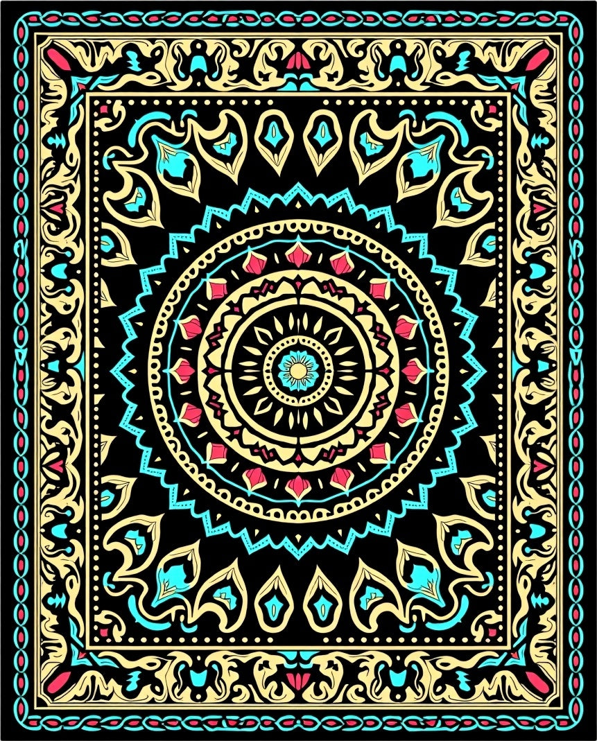 Ornate Black Mandala Floral Pattern Rug