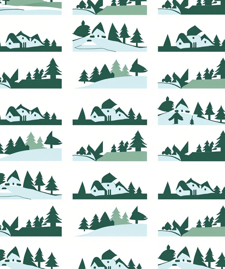 Winter Landscape Houses Pines Pattern Rug