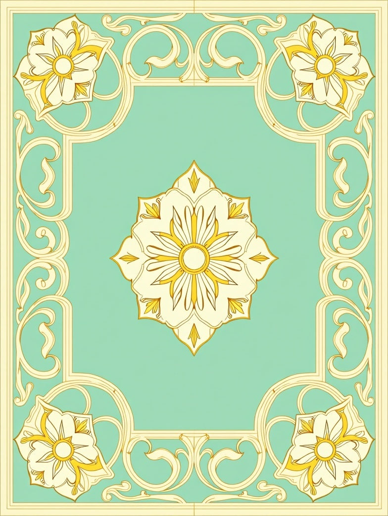 Elegant Yellow Floral Aqua Border Design Rug