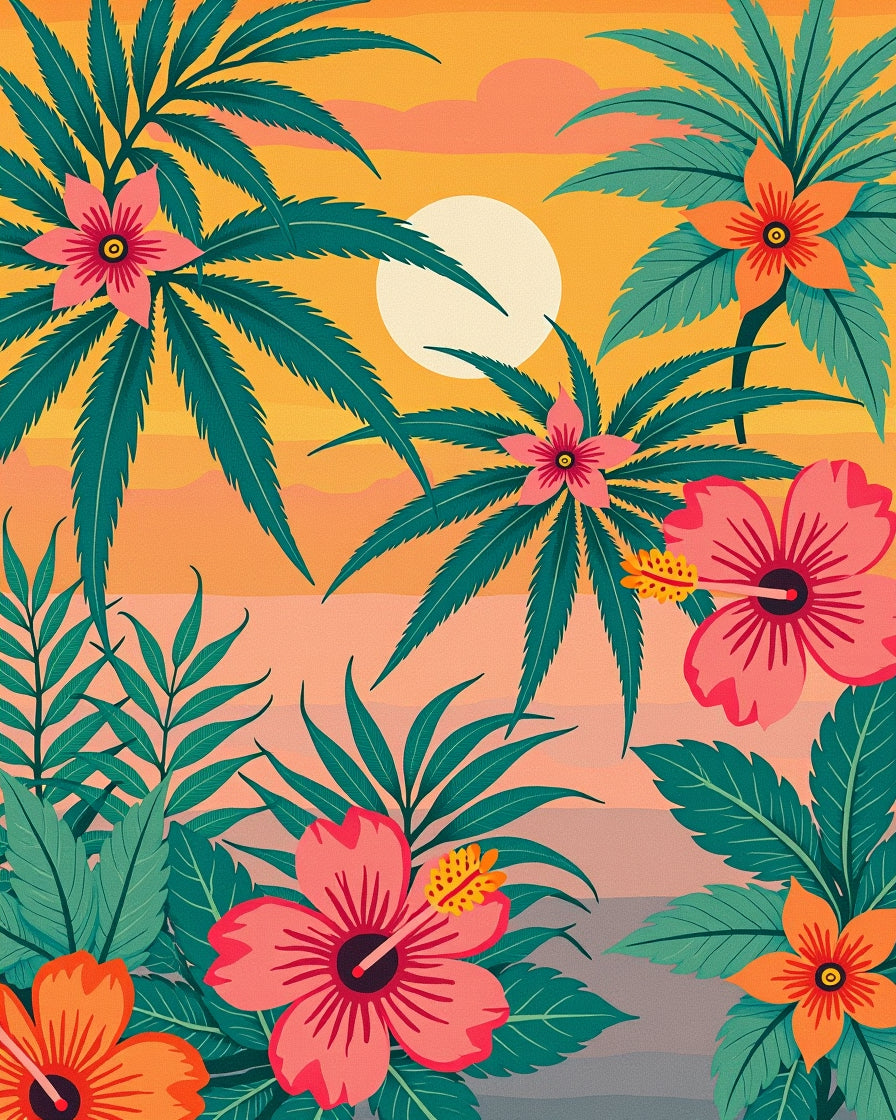 Tropical Leaf and Hibiscus Sunset Design Rug